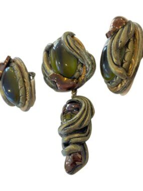 Vintage 90s Sculptural Green Cabochon Brooch & Clip Earrings Set artist 1990